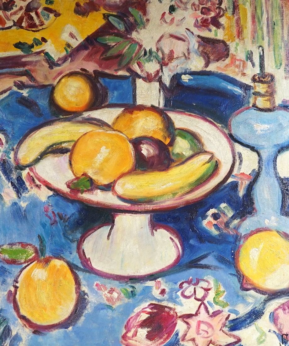 Scottish colourist style, decorative oil on board, Still life of fruit, 60 x 49cm. Condition - good